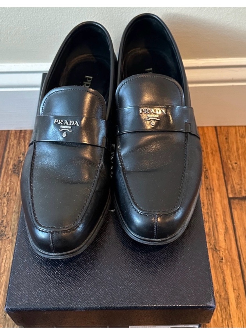 Prada Black Leather Penny Loafers with Logo Plaque - Picture 2 of 6